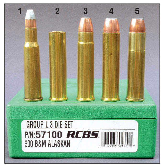 Cartridges shown include a (1) .348 Winchester, a (2) Starline .50 Alaskan case, a (3) .450 Alaskan, a (4) .50 Alaskan and a (5) .50 B&M Alaskan.